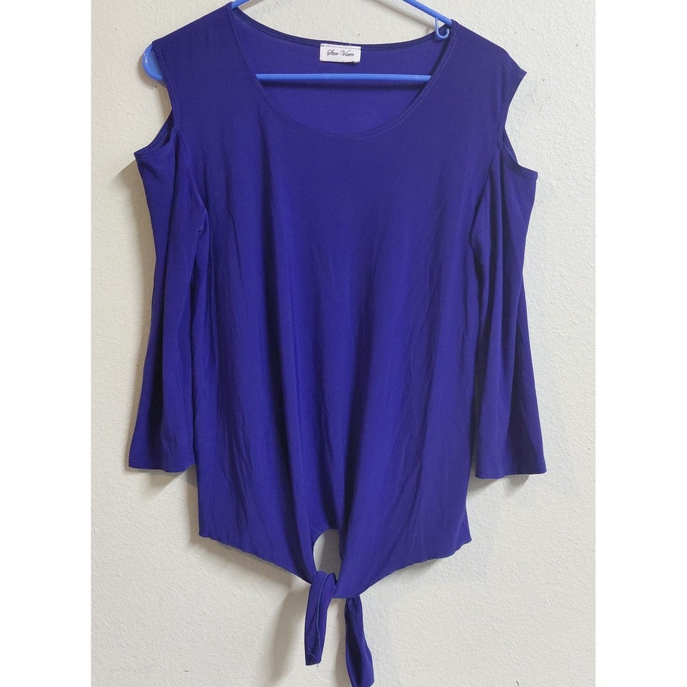 Star Vixen Women Large Blue Cold Shoulder Tie Front Top 3/4 Sleeve Stretch